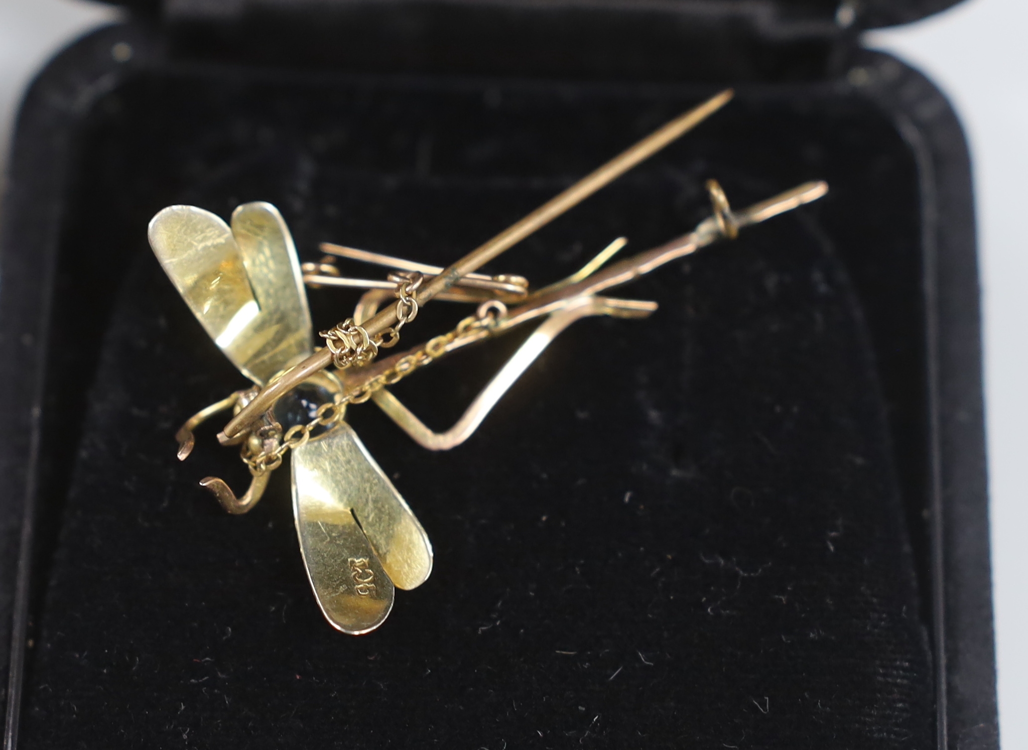 A 9ct gold gem set dragonfly brooch, 4.75cm, gross 3.2 grams and a pair of cultured pearl ear studs, in leather case